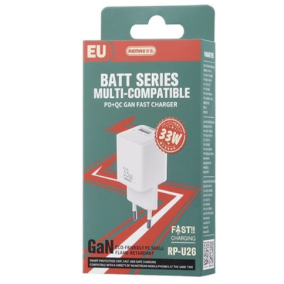 Сетевое зарядное устройствое [USB(1), USB-C(1), 3A, 33W, QC3.0/PD, GaN] Remax Batt RP-U26 белый