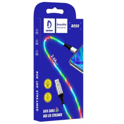 Кабель Denmen D25V  USB - Micro USB (2.4A, светящийся, 1m) серебро