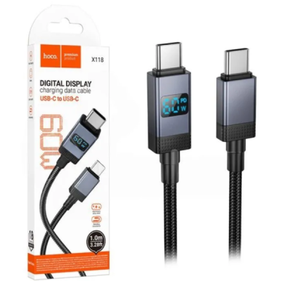Кабель Type-C - Type-C Hoco X118 (3A, 60W, PD, оплетка нейлон, с дисплеем) черный