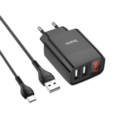Сетевое зарядное устройство Hoco C86A (2-USB/2.4A) + Lightning кабель с дисплеем черный 1м