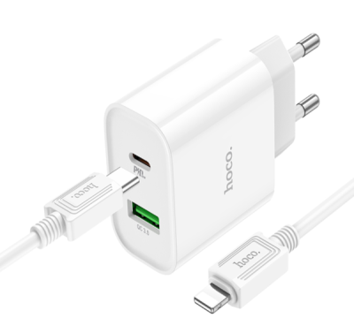 Зарядное устройство USB/Type-C Hoco C80A (20W, QC3.0, PD, кабель Type-C-Lightning) белый