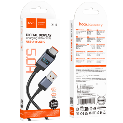 Кабель USB - Type-C Hoco X118 (5А, оплетка нейлон, с дисплеем) черный