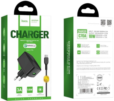 Зарядное устройство Hoco C70A Type-C 3.0A белый (провод разъёмный)