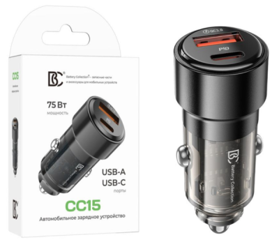 Автомобильное зарядное устройство USB/Type-C BC CC15 (75W, QC4.0, PD, SuperVOOC, 1Type-C, 1USB) черн