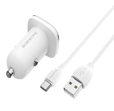 Автомобильная зарядка Borofone BZ12A Lasting QC3.0 (1-USB/3A) 18W кабель Type-C белый